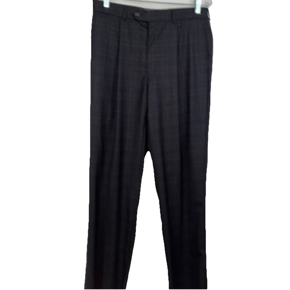 Calvin Klein Dress Pants Men 32W Charcoal Glen Plaid Pleated Wool Blend Trousers